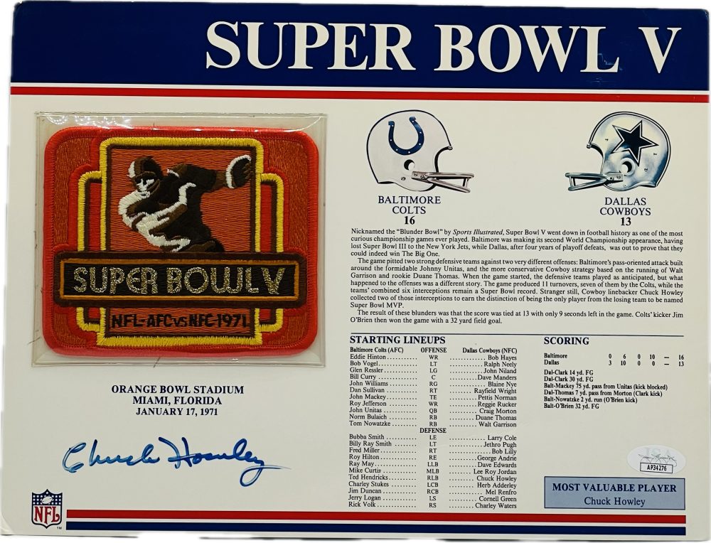 Chuck Howley Autograph Signed NFL Super Bowl V Patch Cowboys JSA Authentic   Image 1