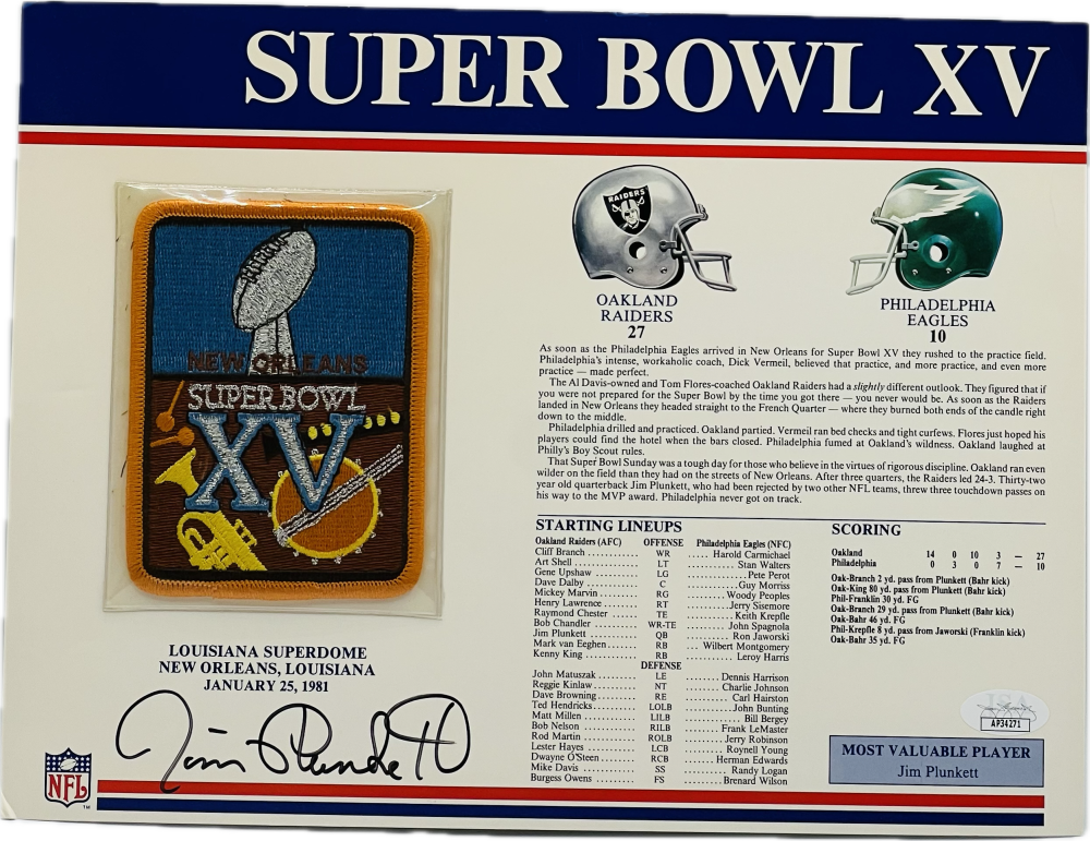 Jim Plunkett Autograph Signed NFL Super Bowl XV Patch Raiders JSA Authentic  Image 1