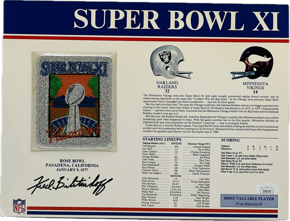 Fred Biletnikoff Autograph Signed NFL Super Bowl XI Patch Raiders JSA Authentic  Image 1