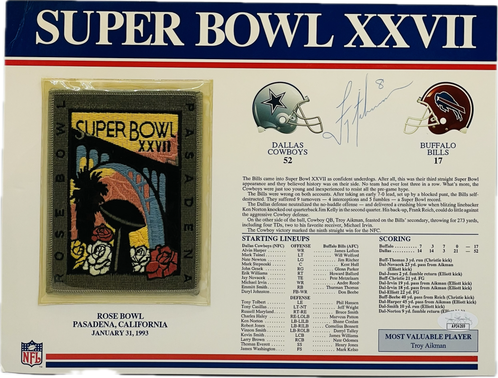 Troy Aikman Autograph Signed NFL Super Bowl XXVII Patch Cowboys JSA Authentic  Image 1