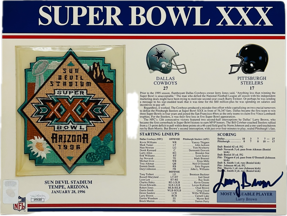 Larry Brown Autograph Signed NFL Super Bowl XXX Patch Cowboys JSA Authentic  Image 1