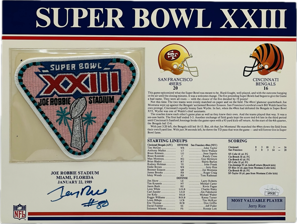 Jerry Rice Autograph Signed NFL Super Bowl XXXIII Patch 49ers JSA Authentic  Image 1