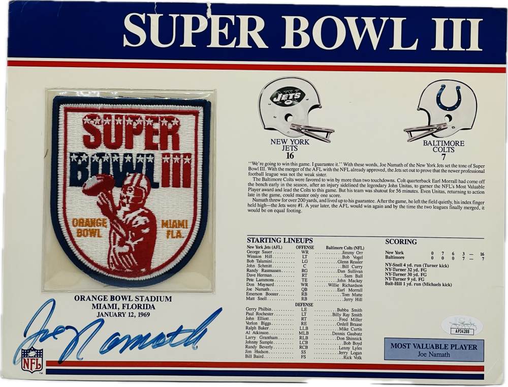 Joe Namath Autograph Signed NFL Super Bowl III Patch Jets JSA Authentic  Image 1