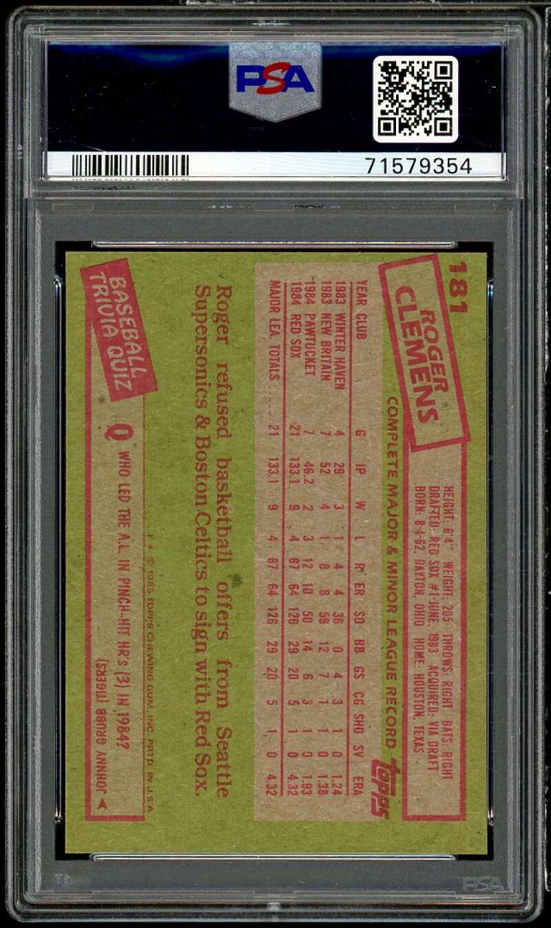 Roger Clemens Rookie Card 1985 Topps #181 PSA 8 Image 2