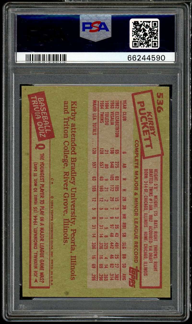 Kirby Puckett Rookie Card 1985 Topps #536 PSA 8 Image 2