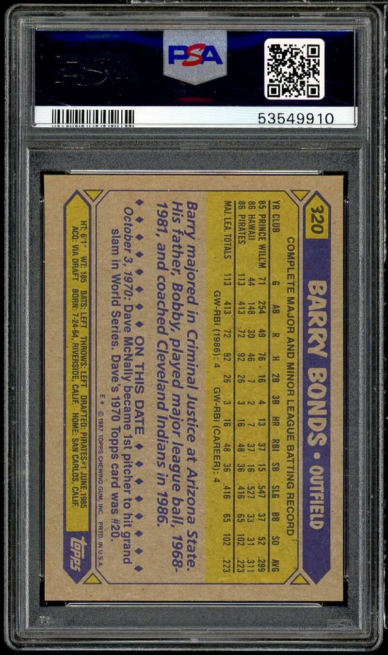 Barry Bonds Rookie Card 1987 Topps #320 PSA 9 Image 2