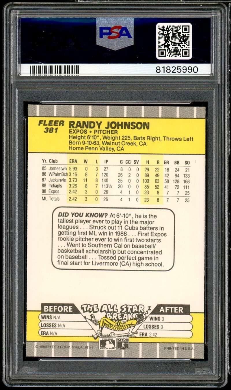 Randy Johnson Rookie Card 1989 Fleer #381 PSA 10 Image 2