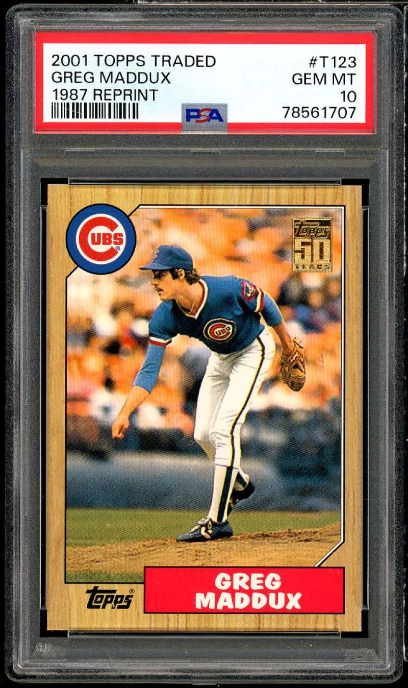 Greg Maddux Card 2001 Topps Traded 1987 Reprint #T123 PSA 10 Image 1