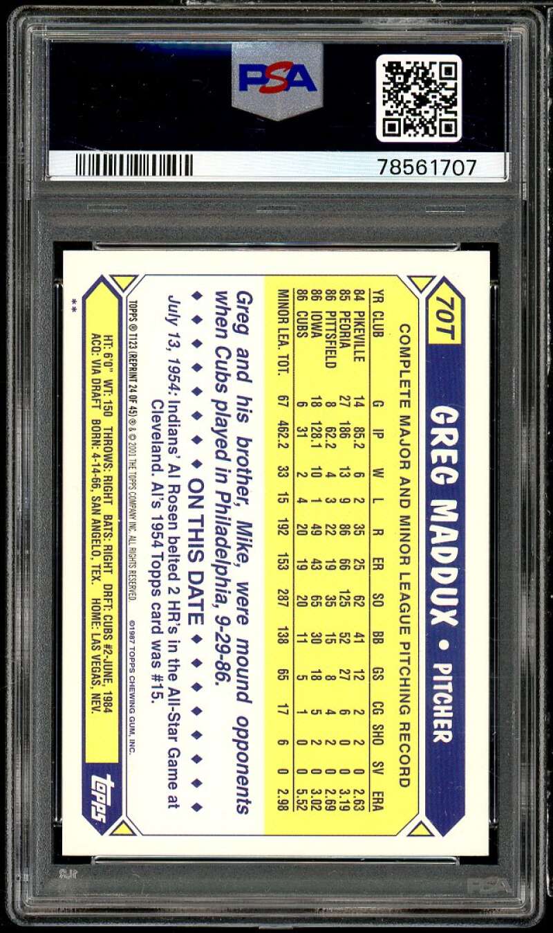 Greg Maddux Card 2001 Topps Traded 1987 Reprint #T123 PSA 10 Image 2