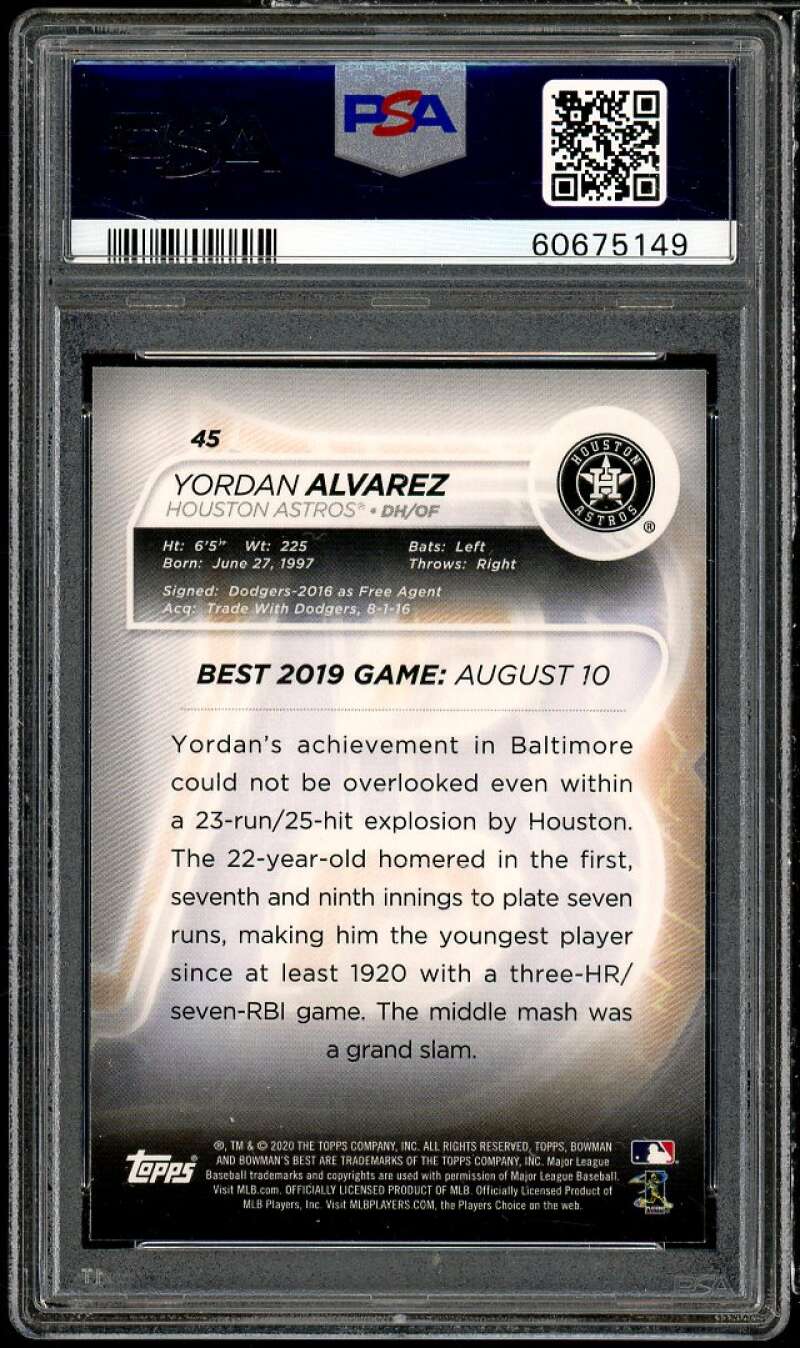 Yordan Alvarez Rookie Card 2020 Bowman's Best #45 PSA 10 Image 2
