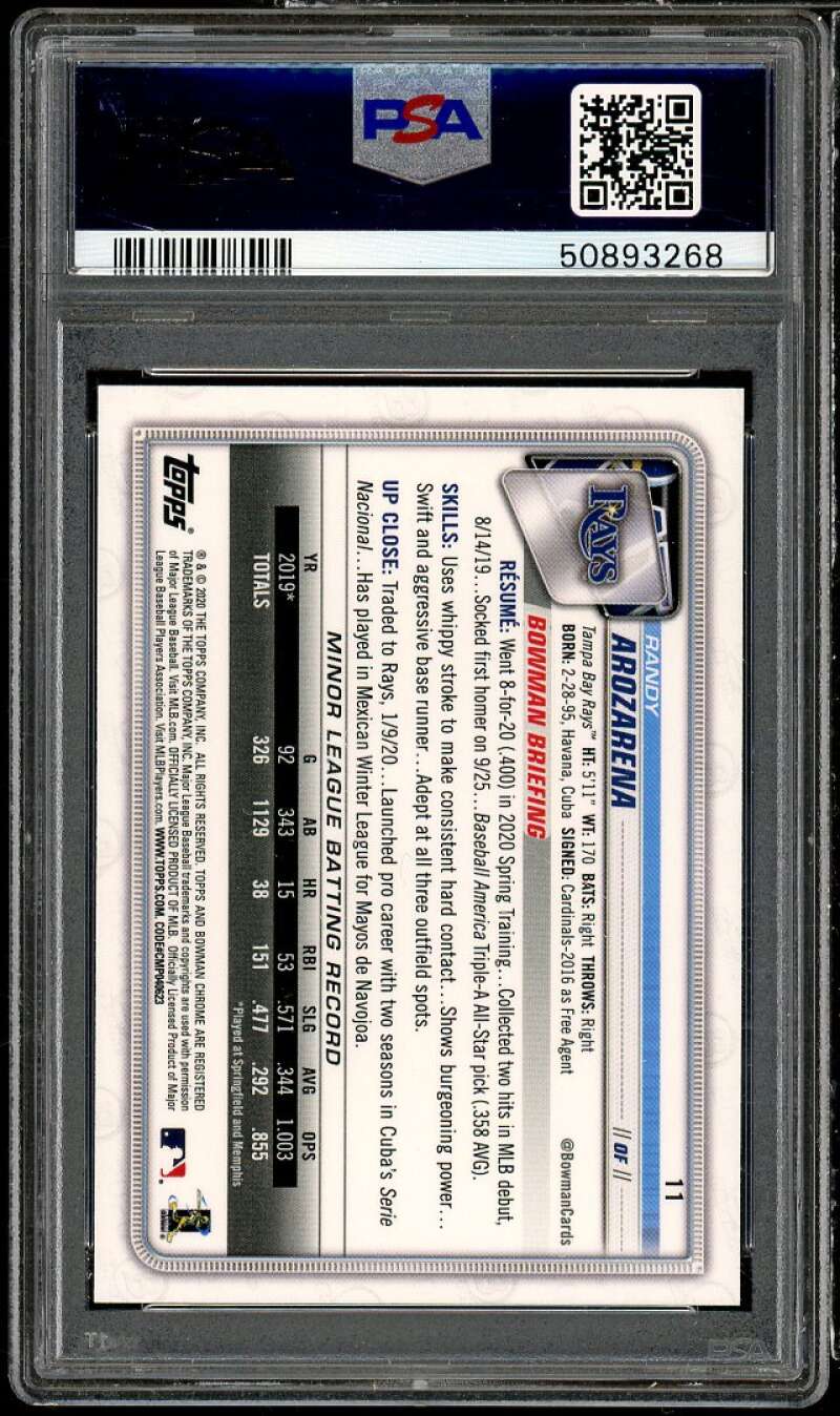 Randy Arozarena Rookie Card 2020 Bowman Chrome #11 PSA 9 Image 2