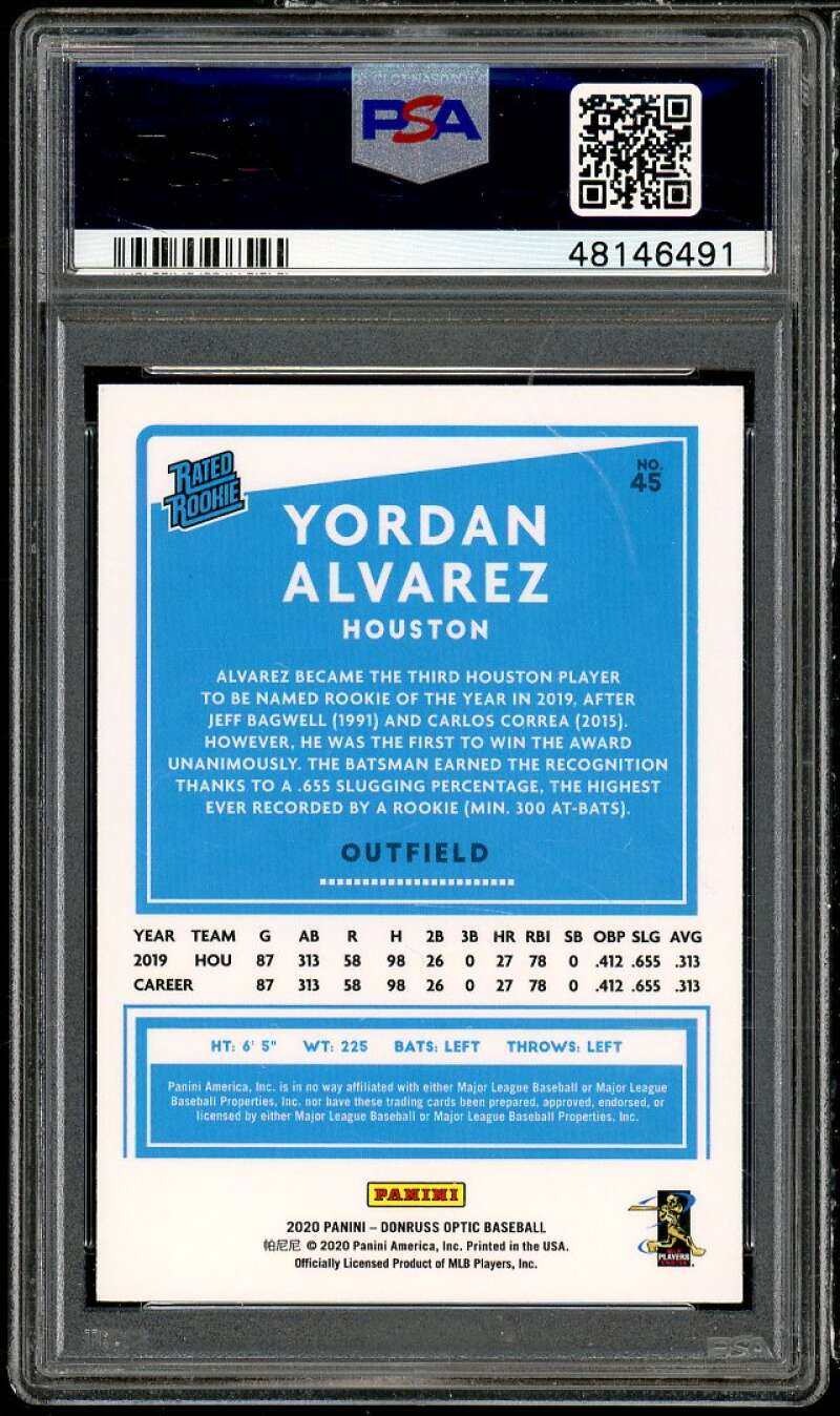 Yordan Alvarez Rookie Card 2020 Donruss Optic #45 PSA 9 Image 2