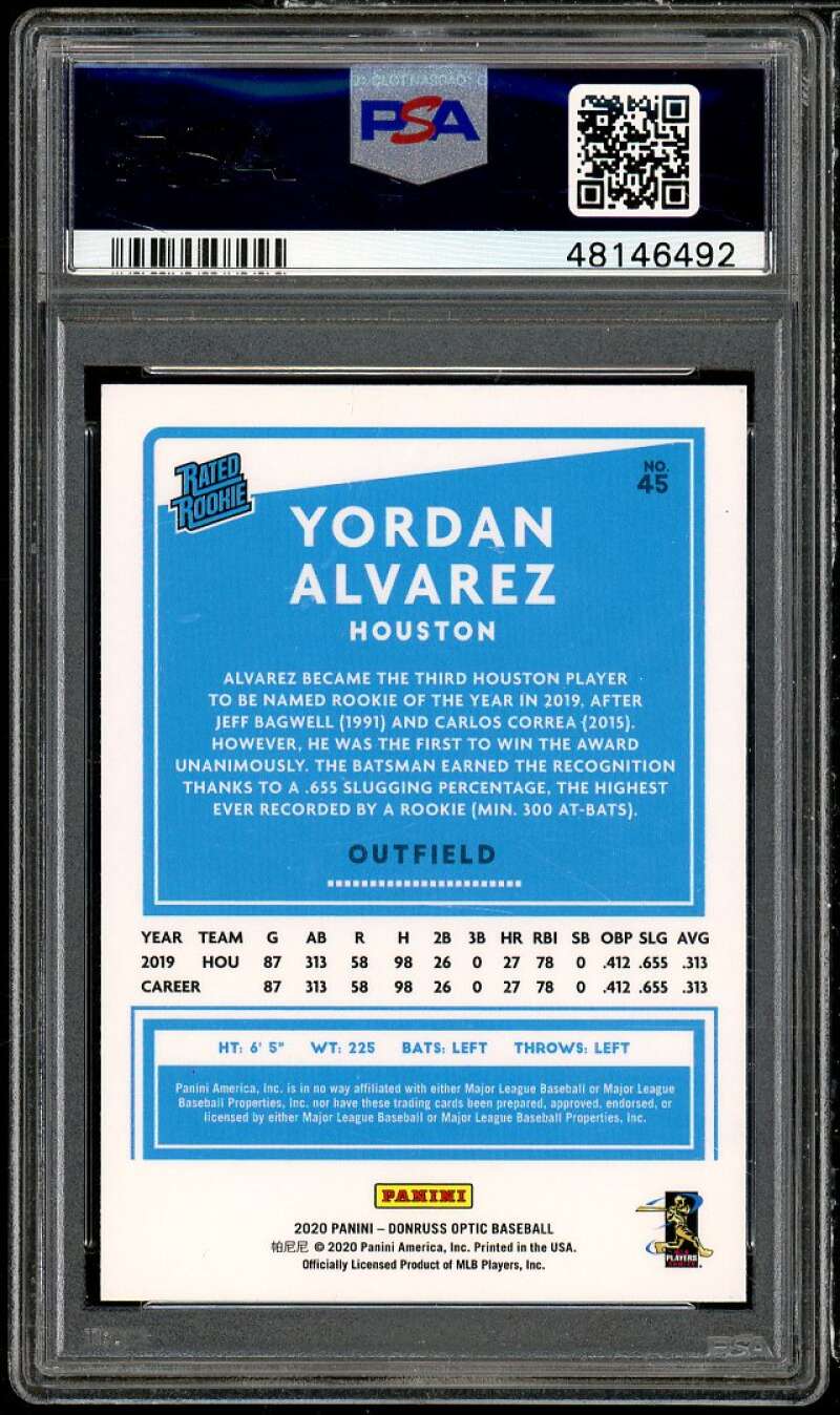 Yordan Alvarez Rookie Card 2020 Donruss Optic #45 PSA 10 Image 2