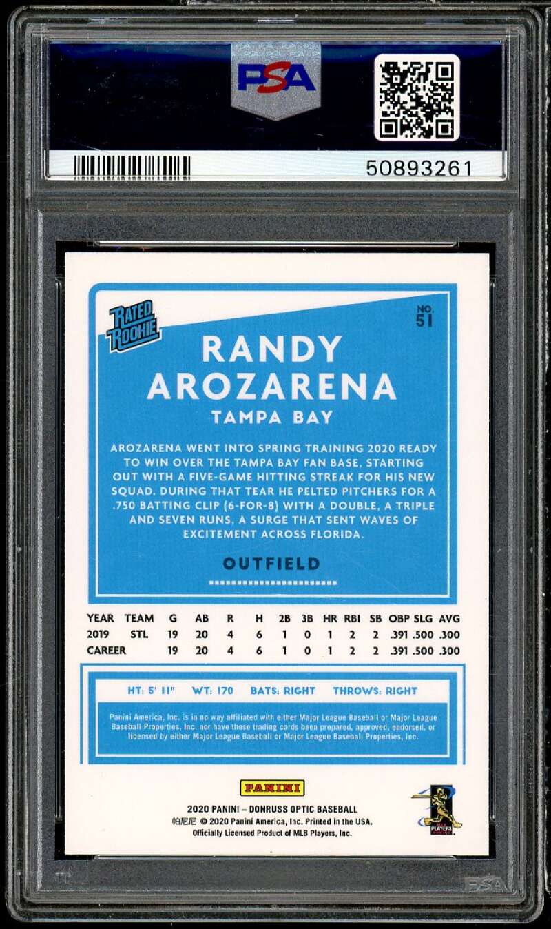 Randy Arozarena Rookie Card 2020 Donruss Optic #51 PSA 9 Image 2