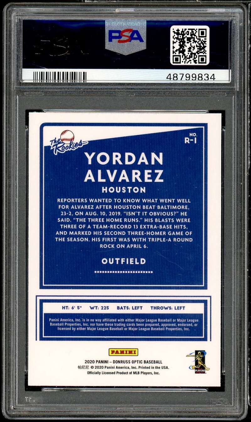 Yordan Alvarez Rookie Card 2020 Panini Donruss The Rookies #R-1 PSA 9 Image 2