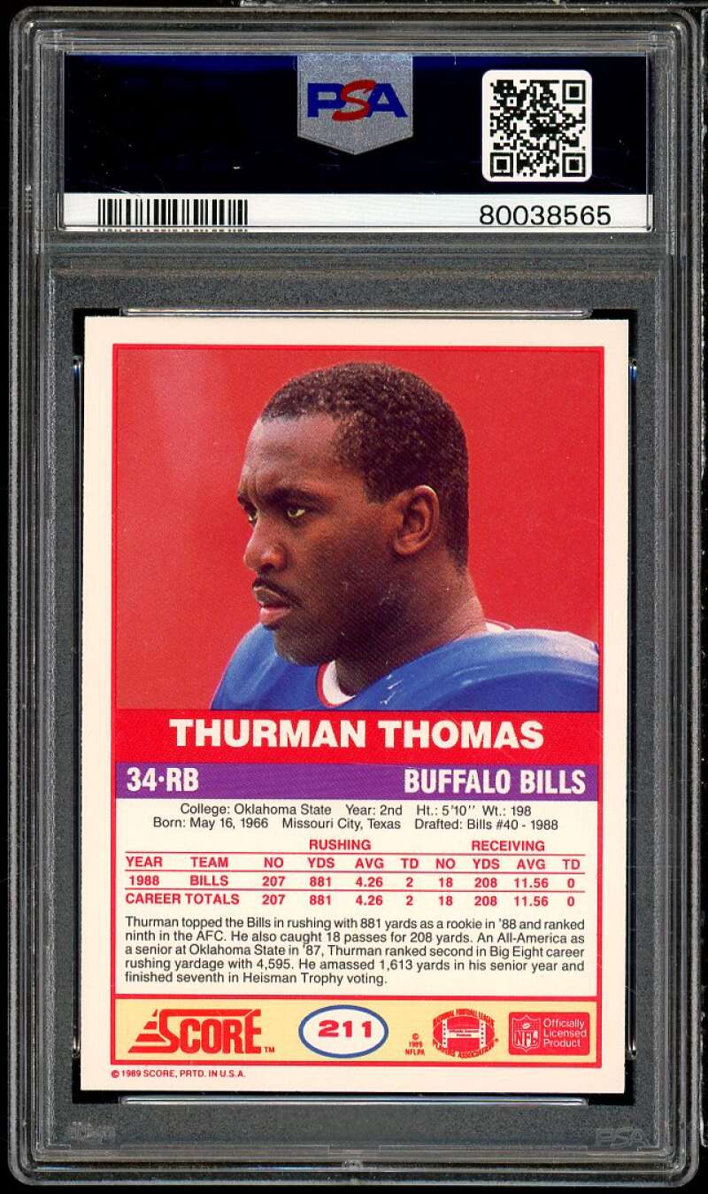 Thurman Thomas Rookie Card 1989 Score #211 PSA 9 Image 2