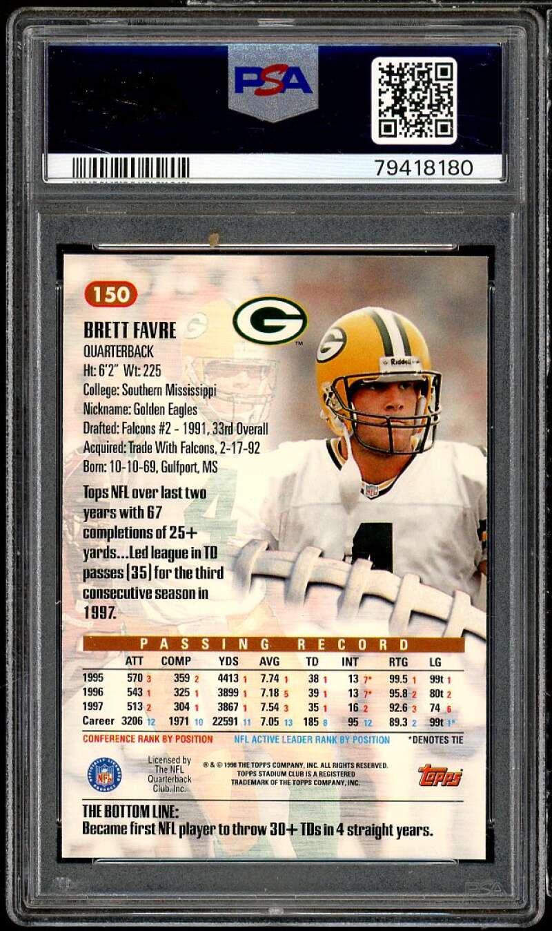 Brett Favre Card 1998 Stadium Club #150 PSA 10 Image 2