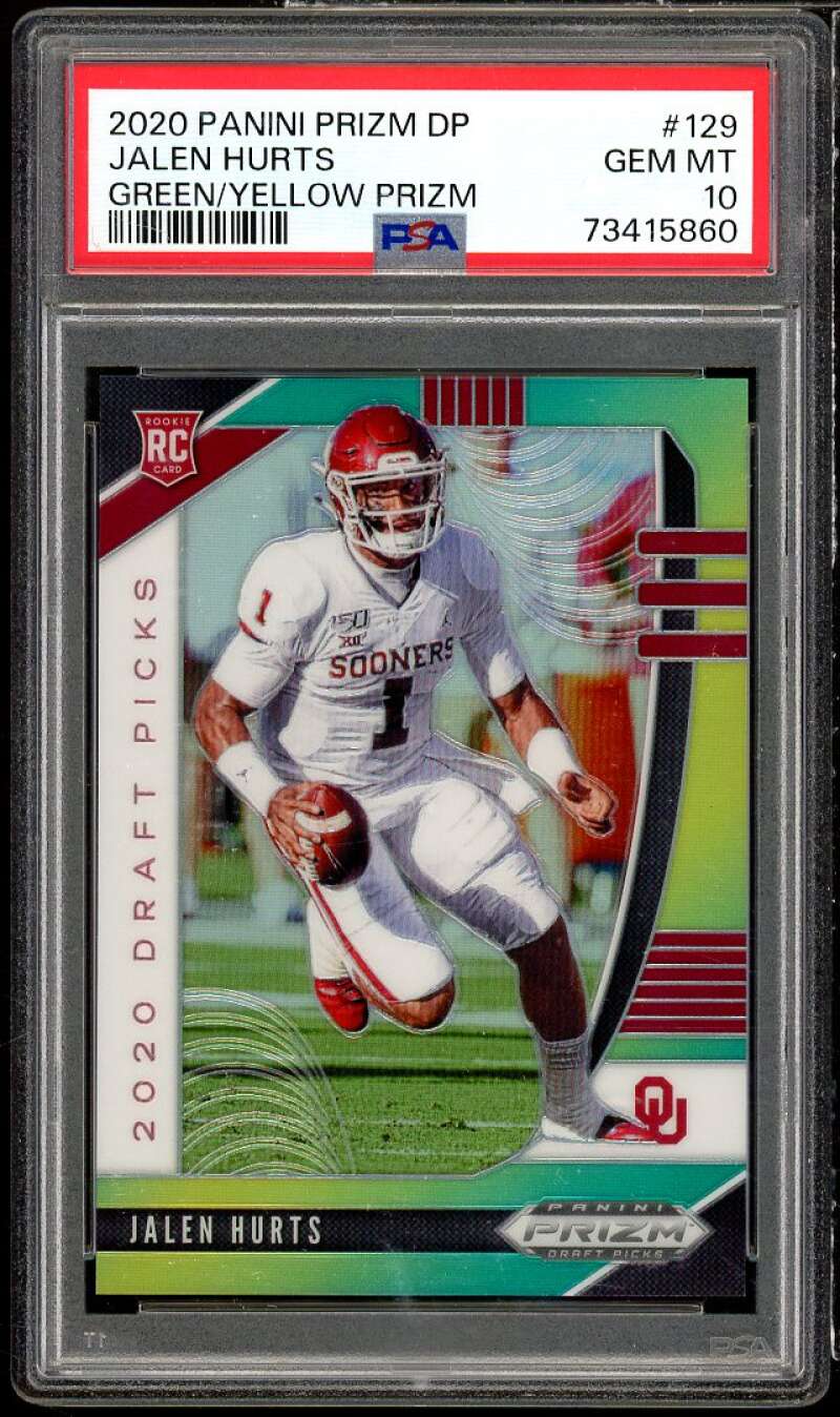 Jalen Hurts Rookie Card 2020 Panini Prizm DP Prizms Green Yellow #129 PSA 10 Image 1