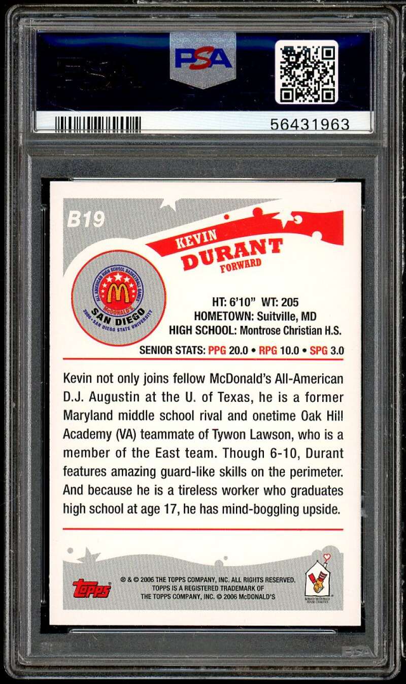 Kevin Durant Rookie Card 2006 Topps McDonald's All American #B19 PSA 9 Image 2