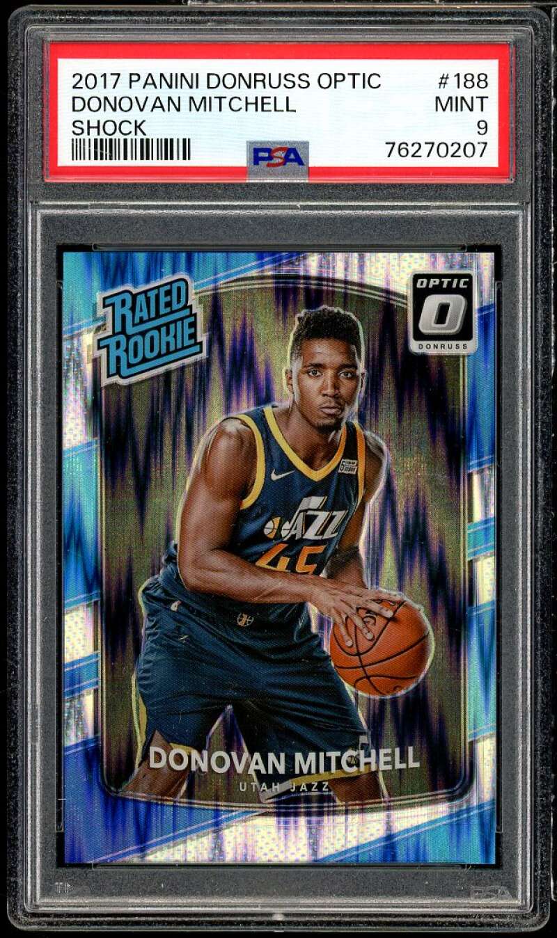 Donovan Mitchell Rookie Card 2017-18 Donruss Optic Rated Rookie Shock #188 PSA 9 Image 1