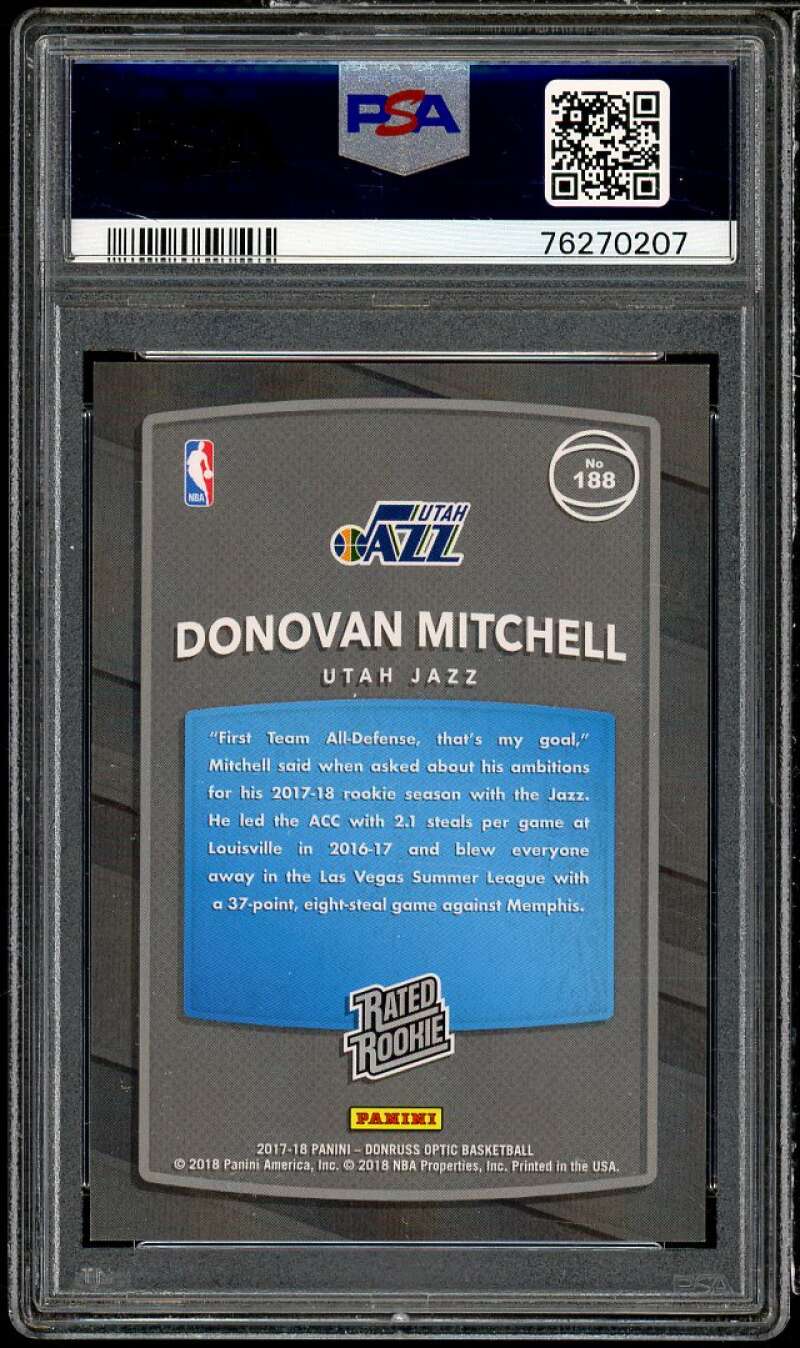 Donovan Mitchell Rookie Card 2017-18 Donruss Optic Rated Rookie Shock #188 PSA 9 Image 2