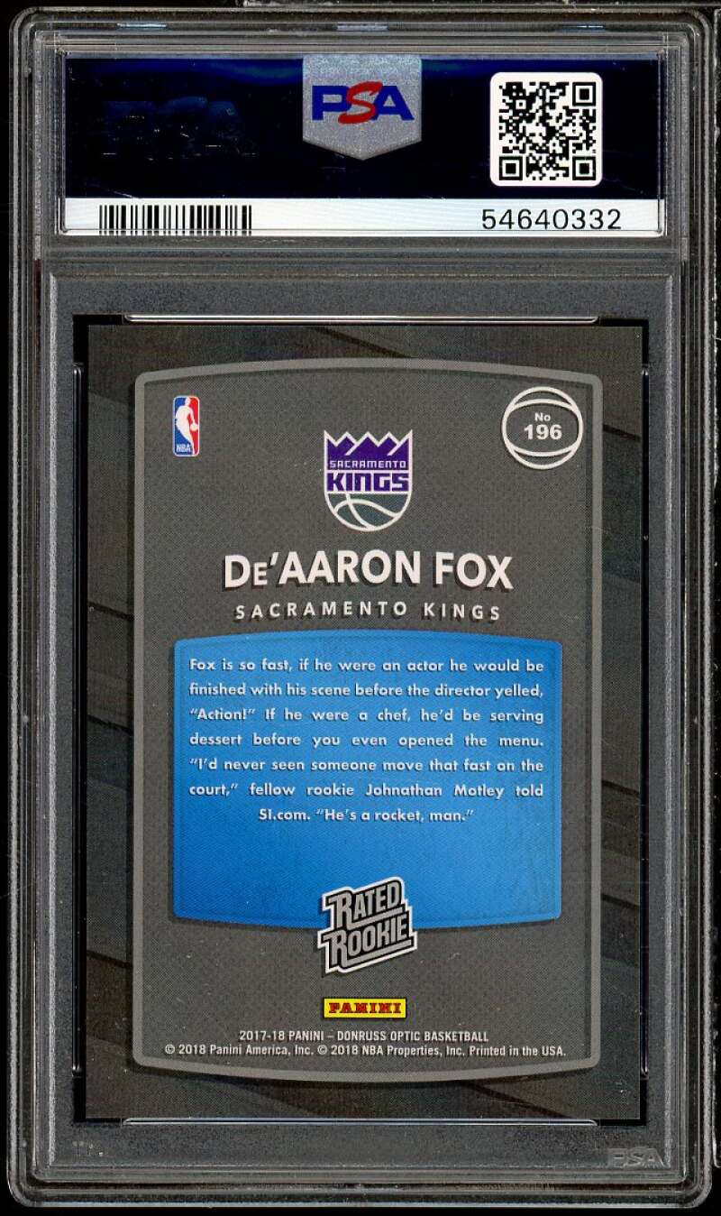 De'Aaron Fox Rookie Card 2017-18 Donruss Optic Rated Rookie Shock #196 PSA 9 Image 2