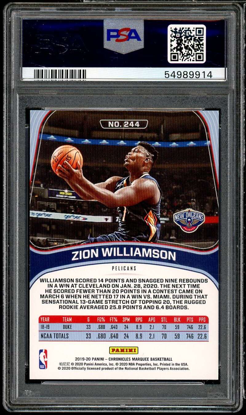 Zion Williamson Rookie Card 2019-20 Panini Chronicles #244 PSA 9 Image 2