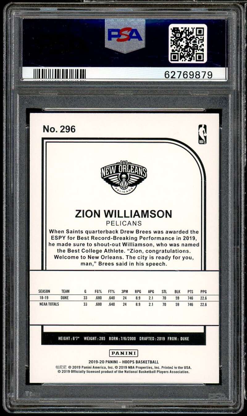 Zion Williamson Rookie Card 2019-20 Panini Hoops #296 PSA 9 Image 2