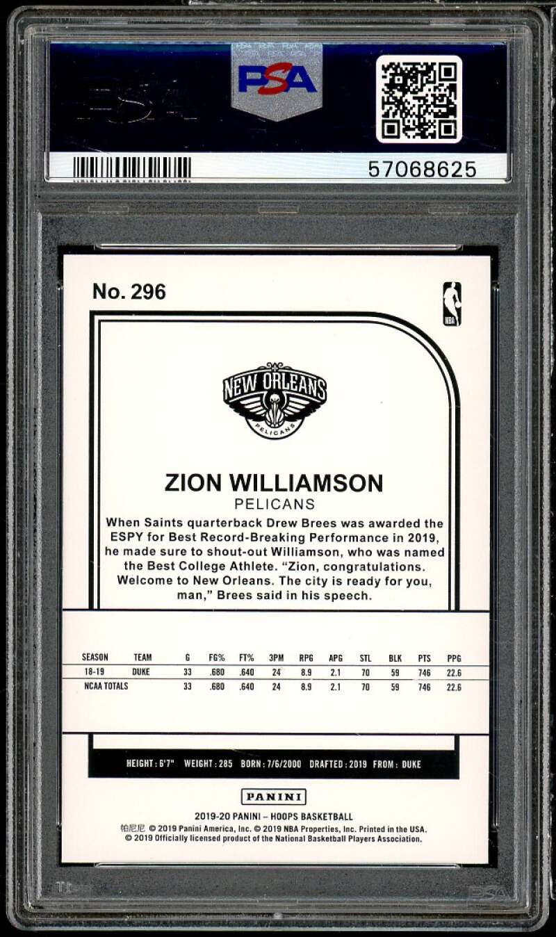 Zion Williamson Rookie Card 2019-20 Panini Hoops #296 PSA 10 Image 2