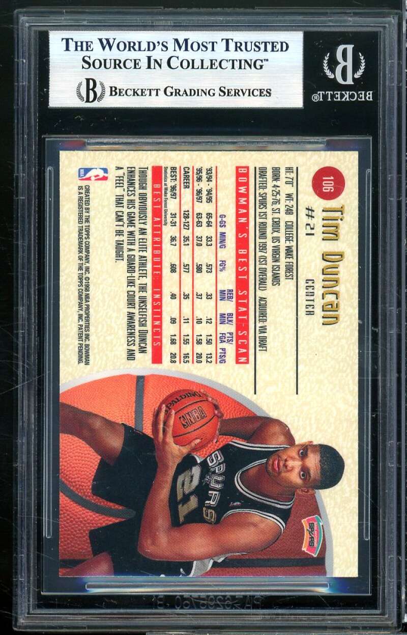 Tim Duncan Rookie Card 1997-98 Bowman's Best #106 BGS 9 Image 2