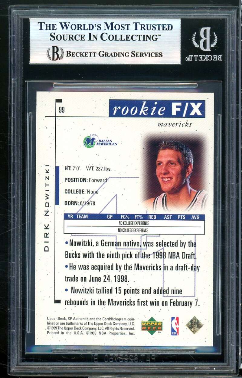 Dirk Nowitzki Rookie Card 1998-99 SP Authentic #99 BGS 9 (9 9.5 9 9) Image 2