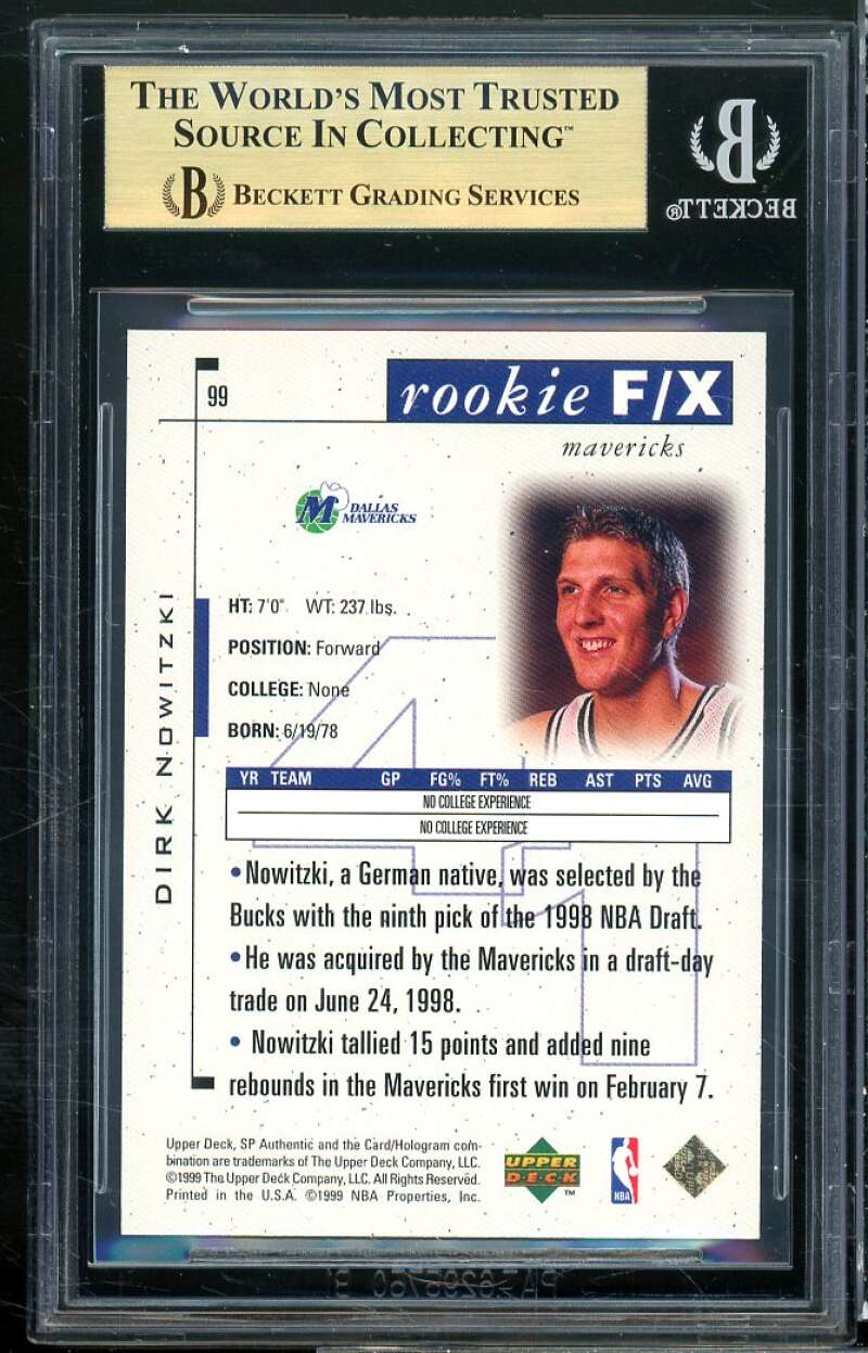 Dirk Nowitzki Rookie Card 1998-99 SP Authentic #99 BGS 9.5 (9.5 9.5 9 9.5) Image 2