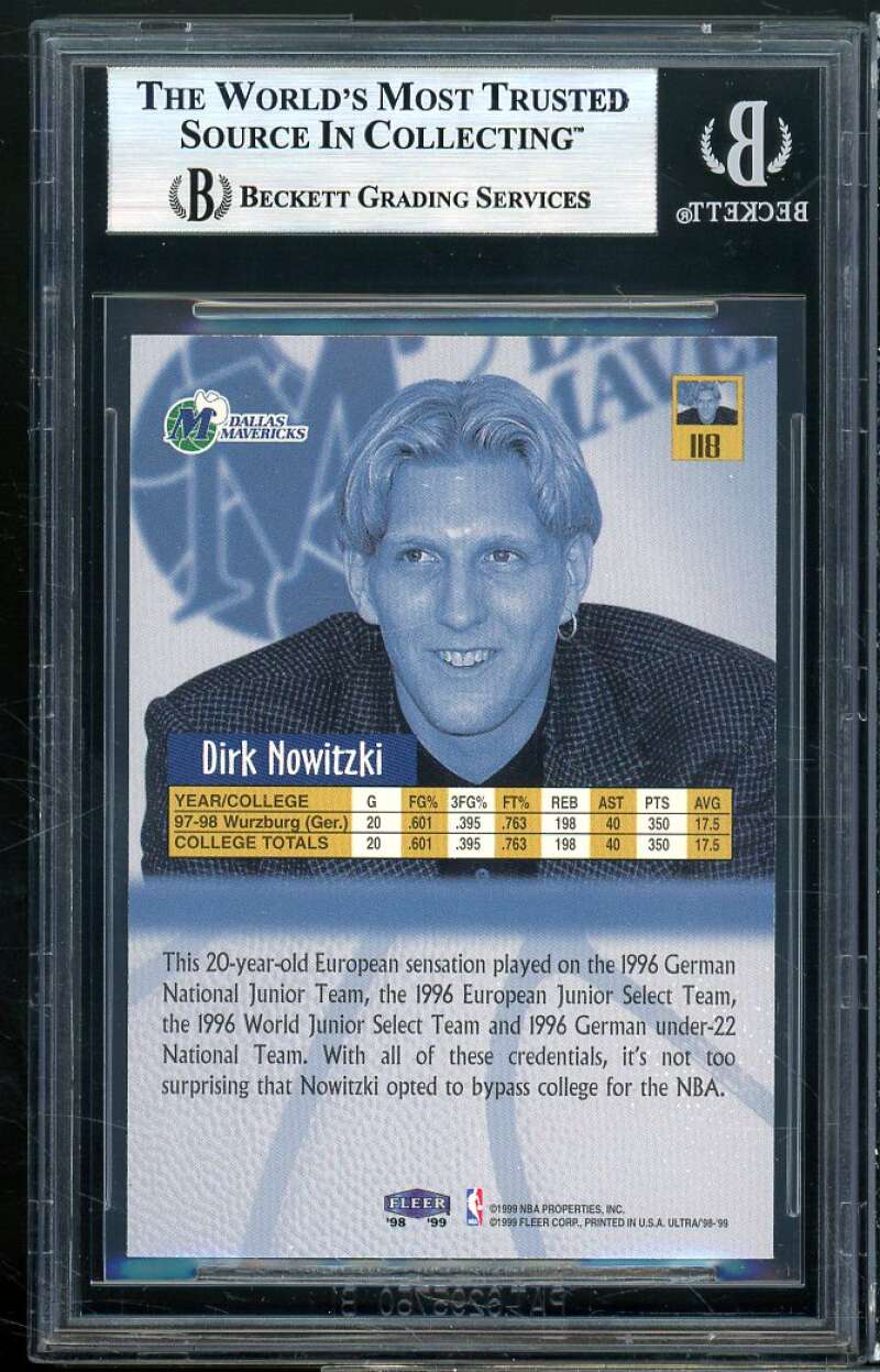 Dirk Nowitzki Rookie Card 1998-99 Ultra #118 BGS 9 (9 8.5 9 9) Image 2