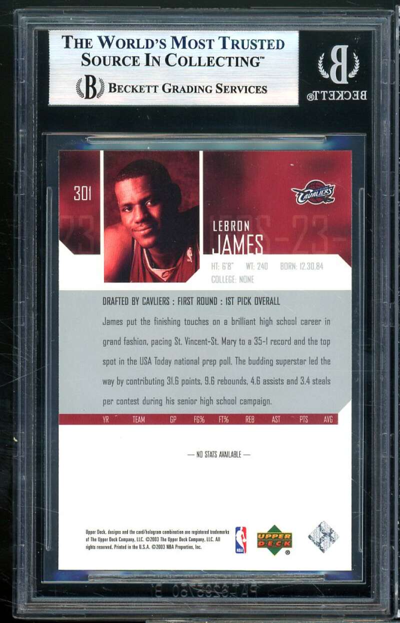 Lebron James Rookie Card 2003-04 Upper Deck #301 BGS 9 (9 9 9 9.5) Image 2