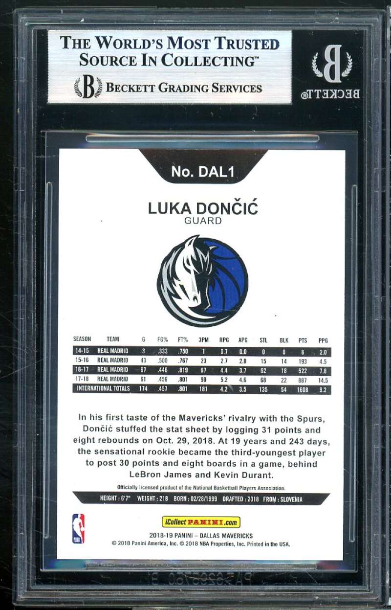 Luka Doncic Rookie Card 2018-19 Mavericks Hoops #dal1 BGS 9 (9 9.5 9 9) Image 2