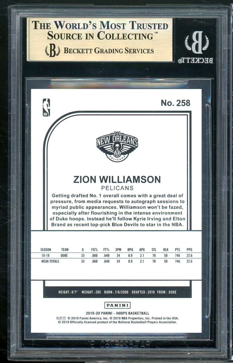 Zion Williamson Rookie Card 2019-20 Hoops #258 BGS 9.5 (9 9.5 9.5 9.5) Image 2