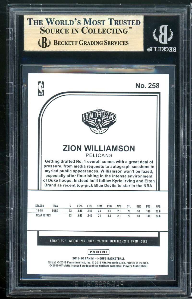 Zion Williamson Rookie Card 2019-20 Hoops #258 BGS 9.5 (9.5 9.5 9.5 9) Image 2