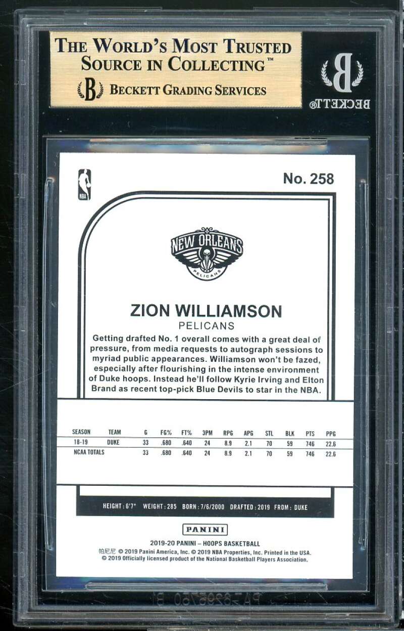 Zion Williamson Rookie Card 2019-20 Hoops #258 BGS 9.5 (9.5 9 9.5 9.5) Image 2