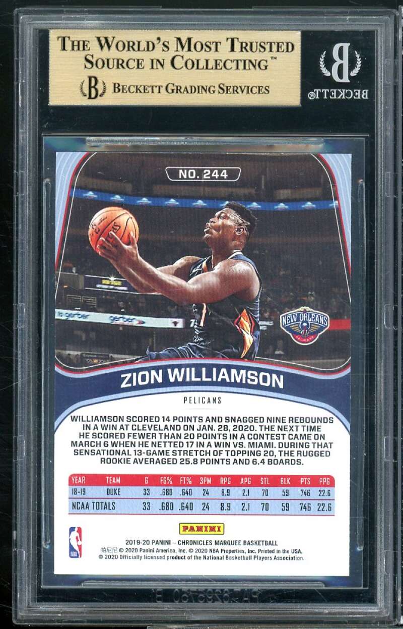 Zion Williamson Rookie Card 2019-20 Panini Chronicles Marquee #244 BGS 9.5 Image 2