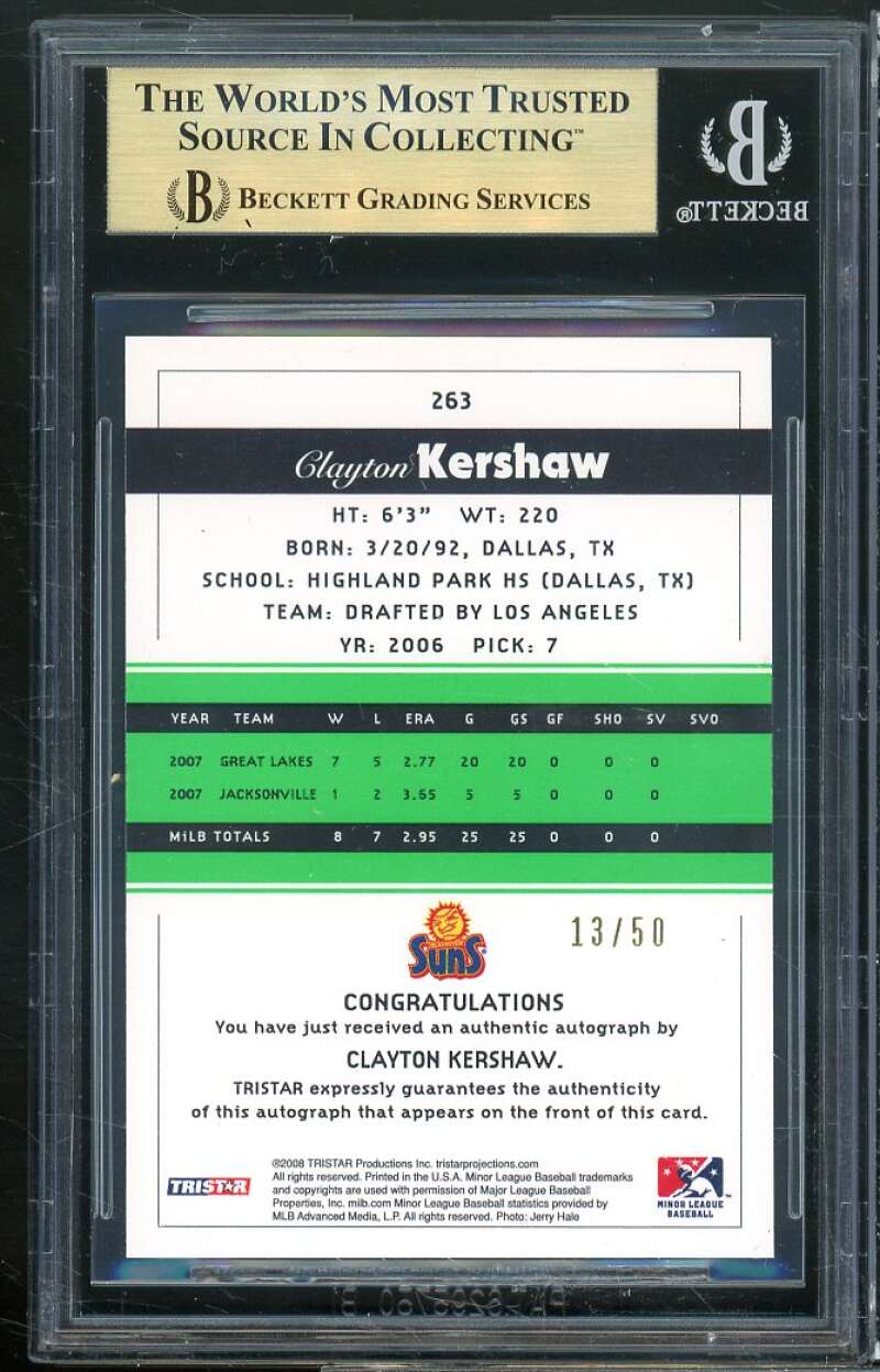 Clayton Kershaw Rookie 2008 TriStar Projections Auto Green #263 (pop 1) BGS 9.5 Image 2