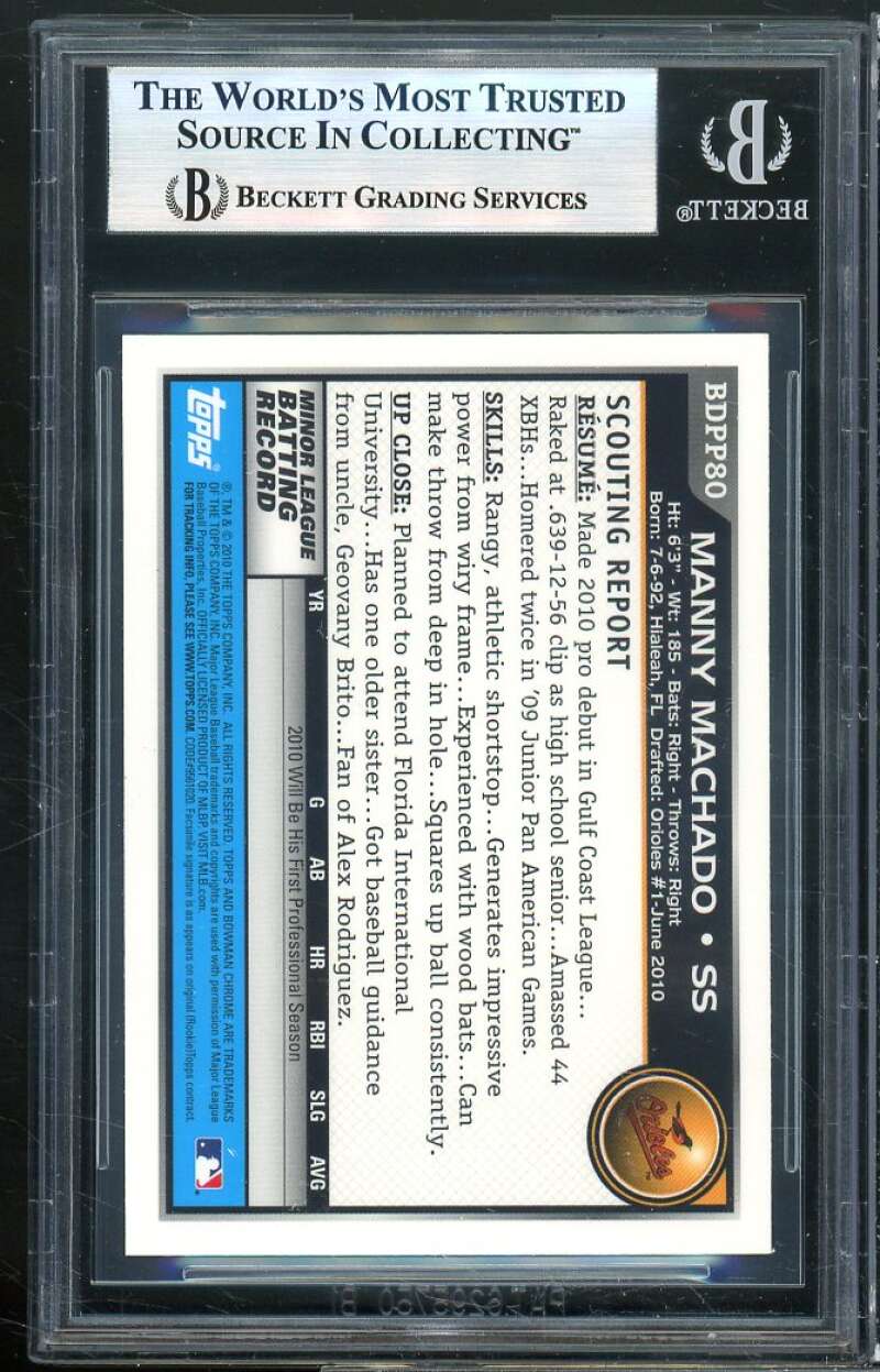 Manny Machado Rookie Card 2010 Bowman Chrome Draft Prospects #BDPP80 BGS 9 Image 2