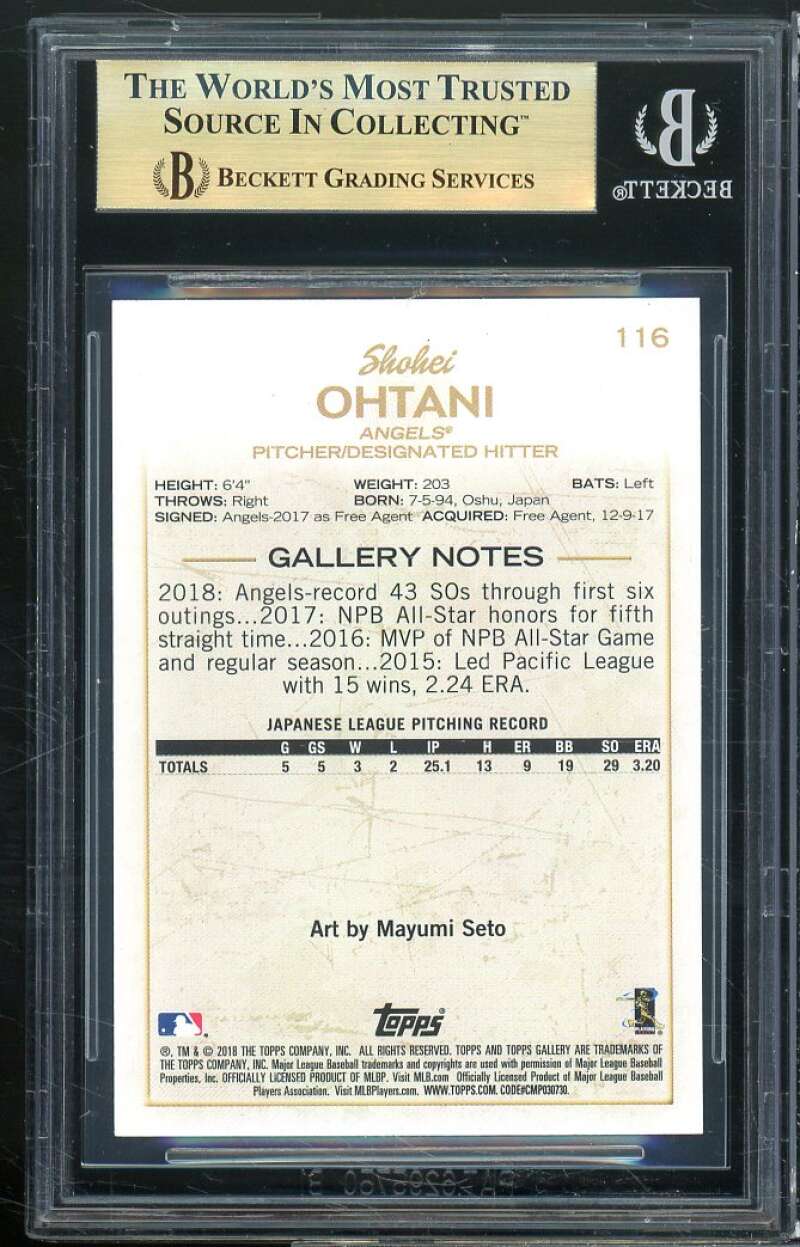 Shohei Ohtani Rookie Card 2018 Topps Gallery #118 BGS 9.5 (9.5 9.5 9.5 9.5) Image 2