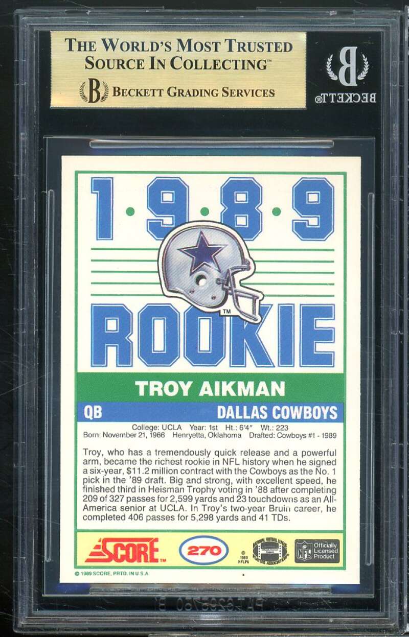 Troy Aikman Rookie Card 1989 Score #270 BGS 9.5 (9.5 9 9.5 9.5) Image 2