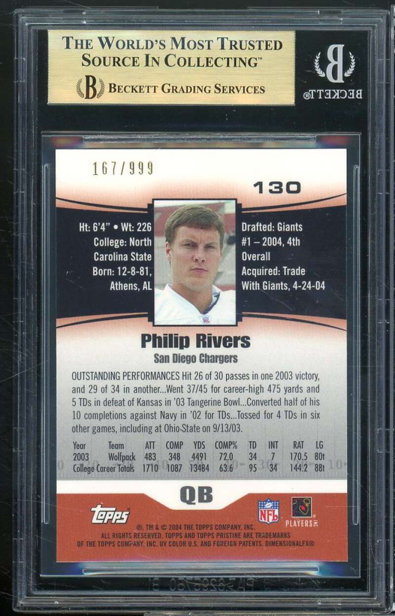 Philip Rivers Rookie Card 2004 Topps Pristine #130 BGS 9.5 (9.5 9.5 9.5 9.5) Image 2