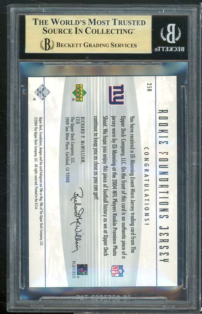 Eli Manning Rookie Card 2004 Upper Deck Foundations Jersey #258 BGS 9.5 Image 2