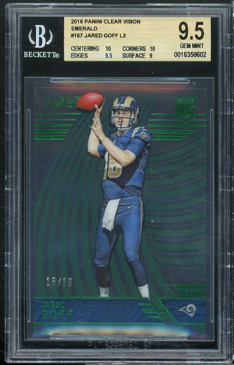 Jared Goff Rookie Card 2016 Panini Clear Vision Emerald #167 (pop 2) BGS 9.5 Image 1