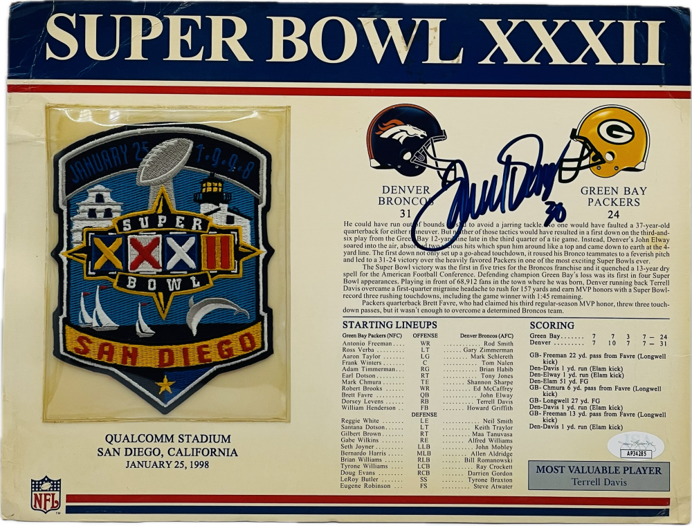 Terrell Davis Autograph Signed NFL Super Bowl XXXII Broncos JSA Authentic   Image 1