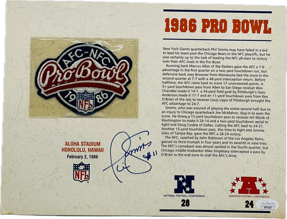 Phil Simms Autograph Signed NFL 1986 Pro Bowl Patch Giants JSA Authentic   Image 1