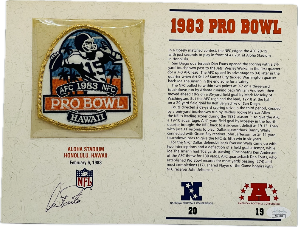 Dan Fouts Autograph Signed NFL 1983 Pro Bowl Patch Chargers JSA Authentic  Image 1