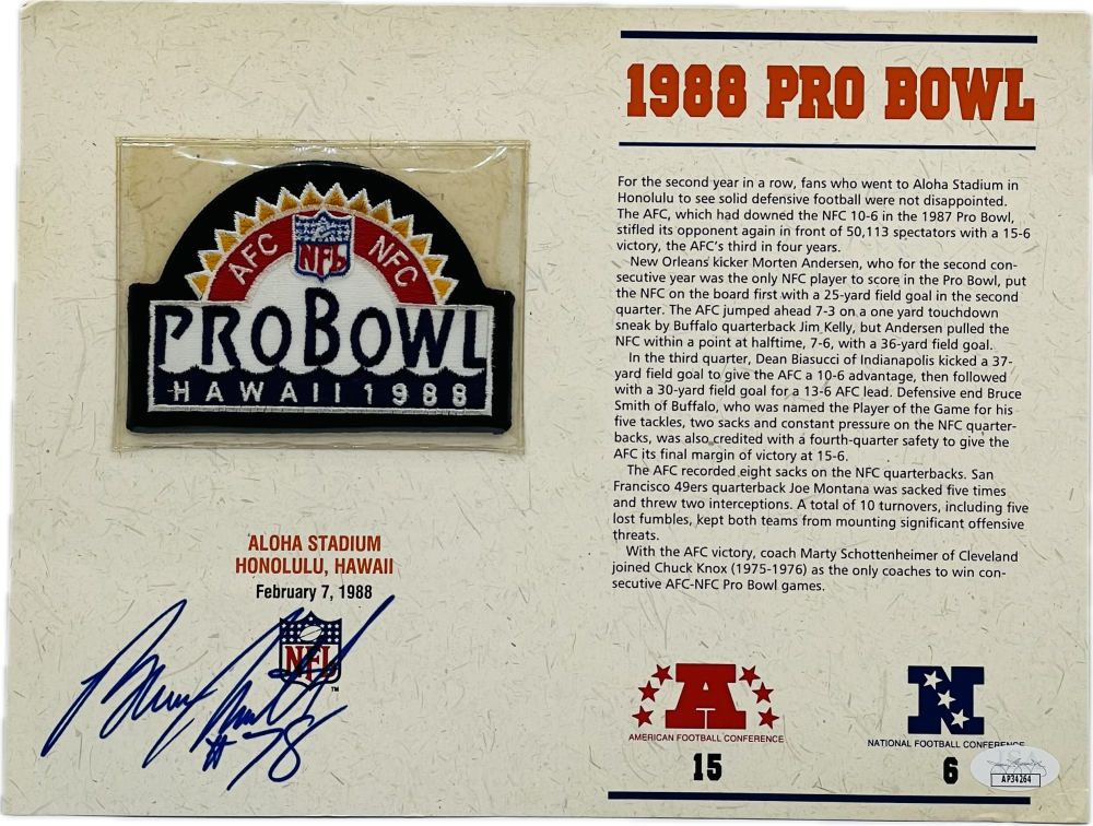 Bruce Smith Autograph Signed NFL 1988 Pro Bowl Patch Bills JSA Authentic  Image 1